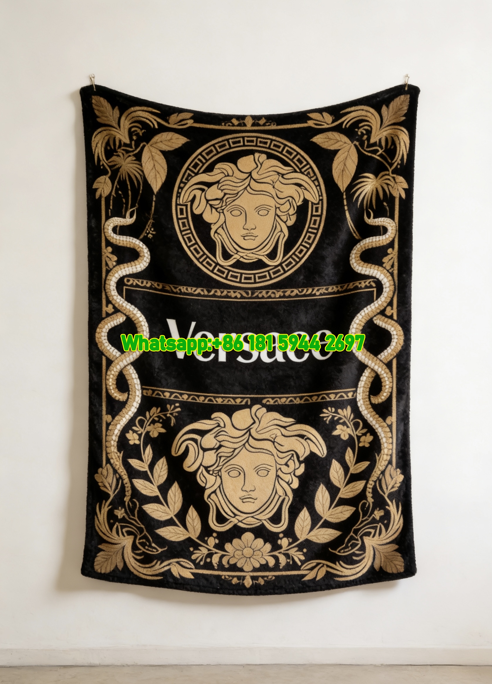 Versace Black and Gold Medusa and Floral Print Flannel Throw Blanket IMG_1476